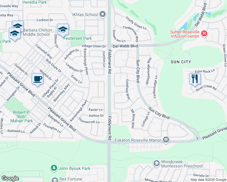 map of restaurants, bars, coffee shops, grocery stores, and more near 5313 Dreamgarden Loop in Roseville
