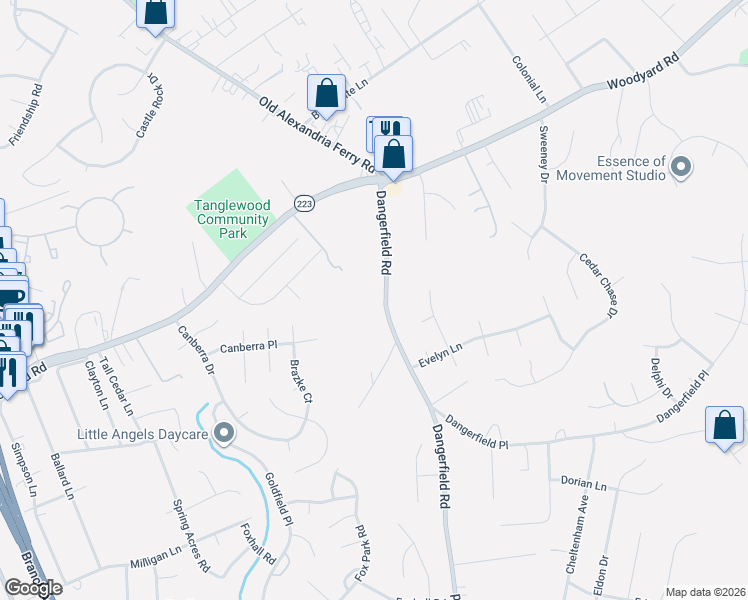 map of restaurants, bars, coffee shops, grocery stores, and more near 8601 Dangerfield Road in Clinton