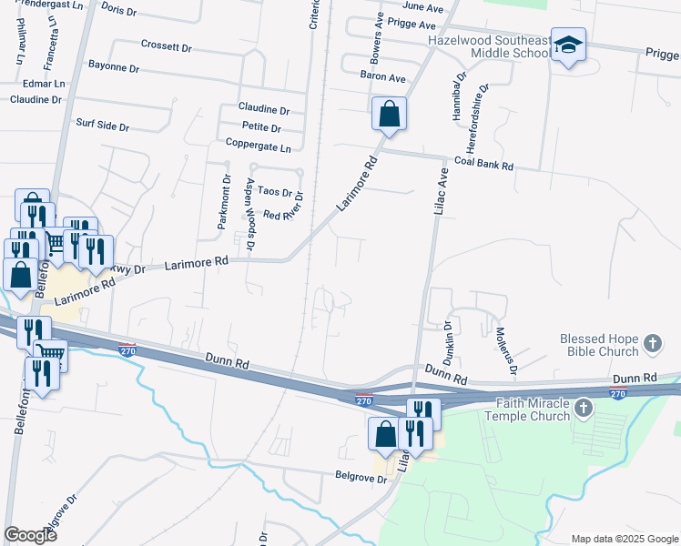 map of restaurants, bars, coffee shops, grocery stores, and more near 11116 Lydia Avenue in St. Louis
