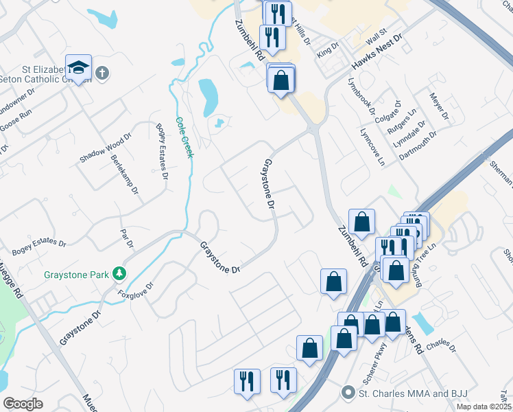 map of restaurants, bars, coffee shops, grocery stores, and more near 4 Brae Burn Court in Saint Charles