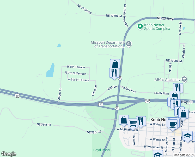 map of restaurants, bars, coffee shops, grocery stores, and more near 604 Elliott Lane in Knob Noster