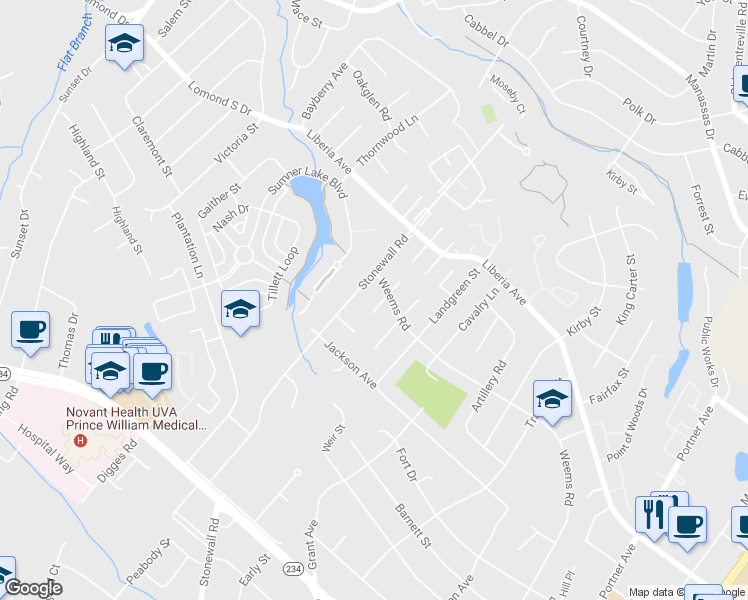 map of restaurants, bars, coffee shops, grocery stores, and more near 9214 Timberwood Court in Manassas