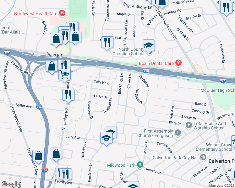 map of restaurants, bars, coffee shops, grocery stores, and more near 205 Brackleigh Lane in Florissant
