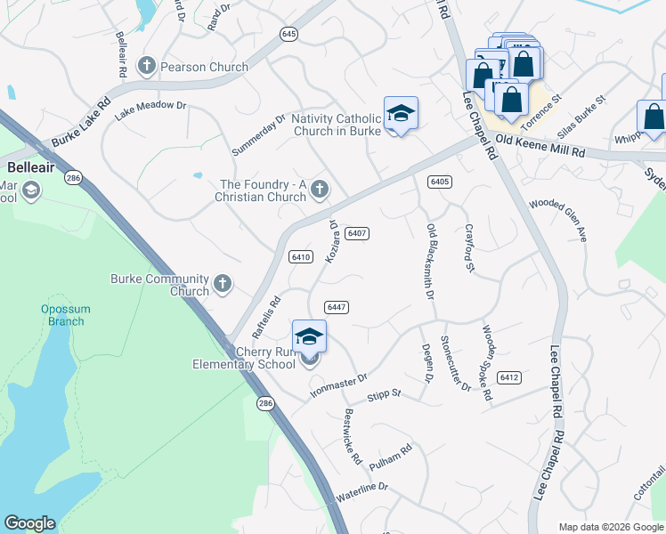 map of restaurants, bars, coffee shops, grocery stores, and more near 6515 Koziara Dr in Burke