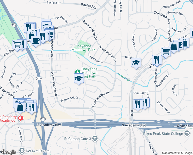 map of restaurants, bars, coffee shops, grocery stores, and more near 1353 Grass Valley Drive in Colorado Springs