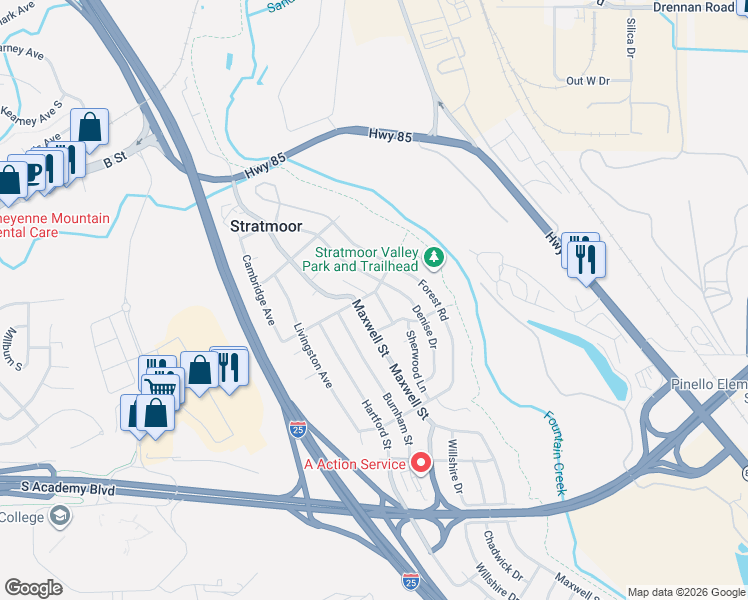 map of restaurants, bars, coffee shops, grocery stores, and more near 1202 Idylwood Drive in Colorado Springs