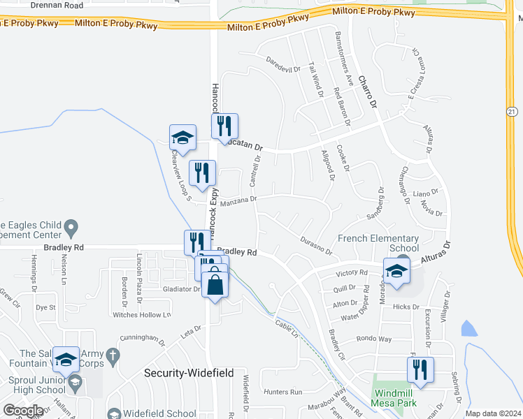 map of restaurants, bars, coffee shops, grocery stores, and more near 4902 Durasno Drive in Colorado Springs