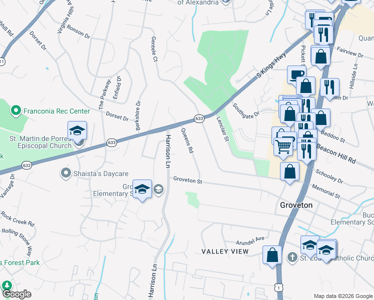 map of restaurants, bars, coffee shops, grocery stores, and more near 6708 Queens Road in Alexandria