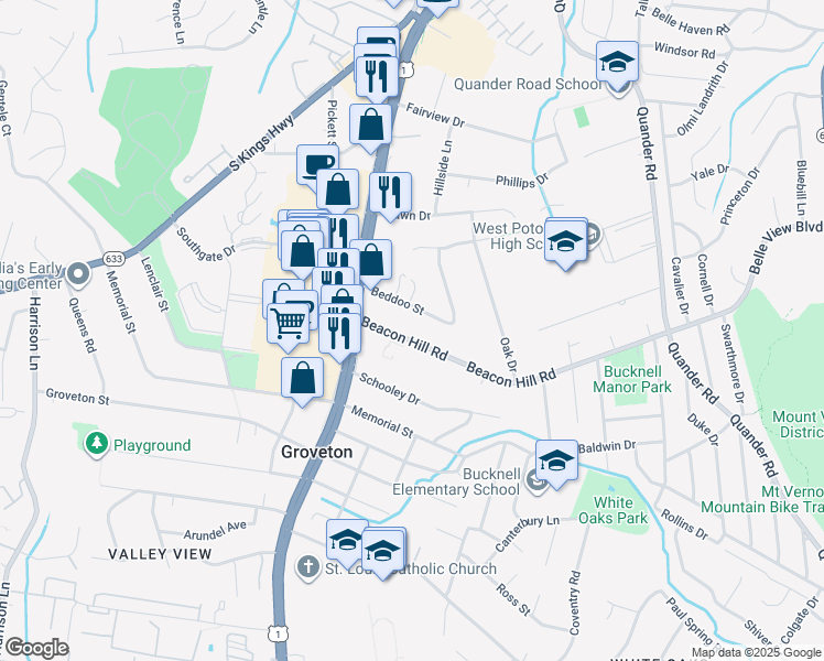 map of restaurants, bars, coffee shops, grocery stores, and more near 2704 Beacon Hill Road in Alexandria