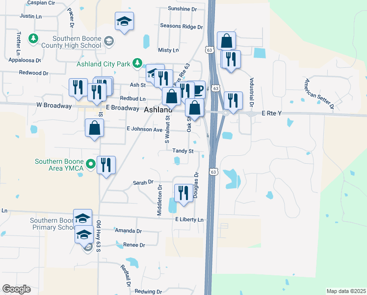 map of restaurants, bars, coffee shops, grocery stores, and more near 205-303 Oak St in Ashland