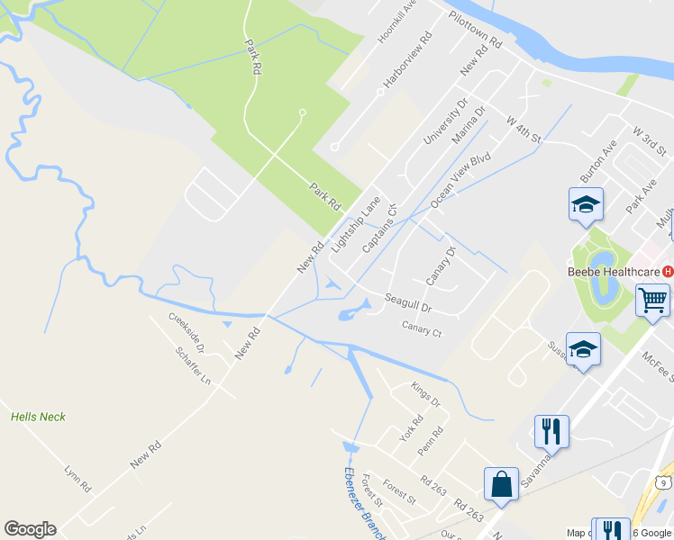 map of restaurants, bars, coffee shops, grocery stores, and more near 102 Seagull Drive in Lewes