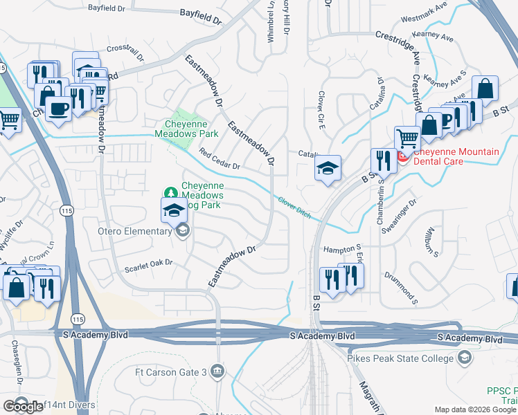 map of restaurants, bars, coffee shops, grocery stores, and more near 1484 Canoe Creek Drive North in Colorado Springs