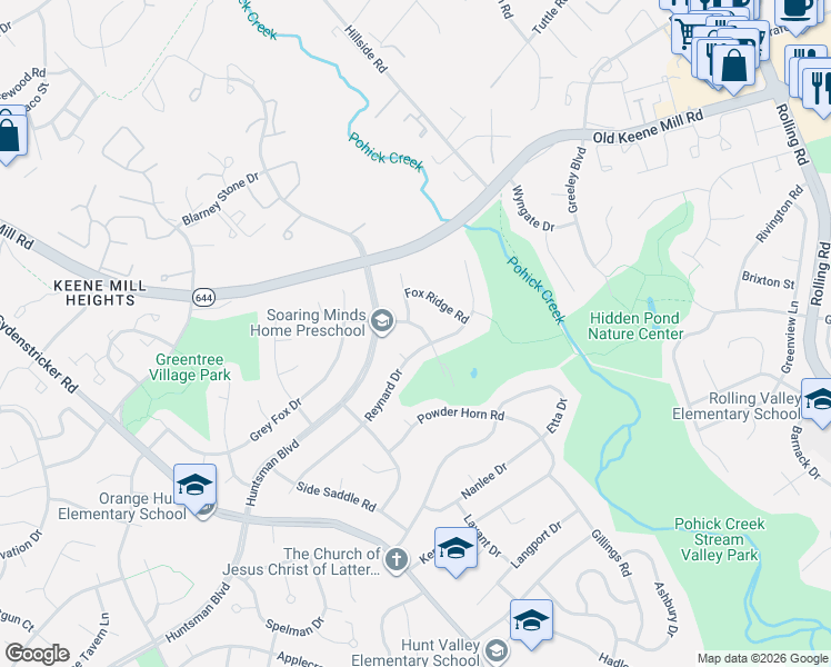 map of restaurants, bars, coffee shops, grocery stores, and more near 8703 Bridle Wood Drive in Springfield