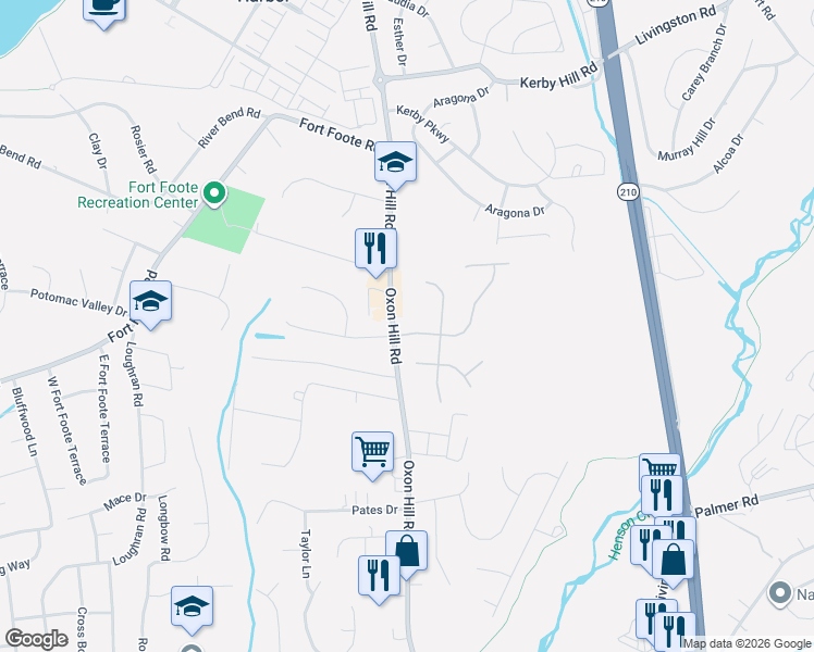 map of restaurants, bars, coffee shops, grocery stores, and more near 202 Potomac Ridge Drive in Fort Washington