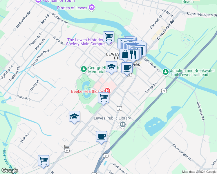 map of restaurants, bars, coffee shops, grocery stores, and more near 424 Savannah Road in Lewes