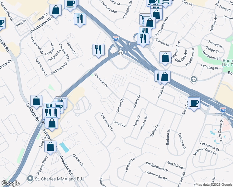 map of restaurants, bars, coffee shops, grocery stores, and more near 3107 Sherman Park Drive in St. Charles