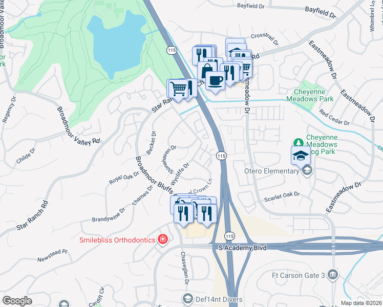 map of restaurants, bars, coffee shops, grocery stores, and more near 4105 Stepney Court in Colorado Springs