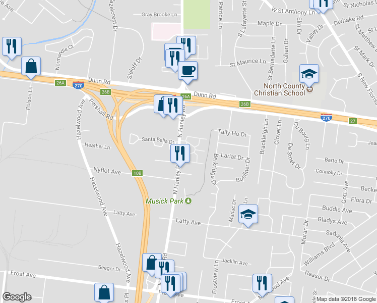 map of restaurants, bars, coffee shops, grocery stores, and more near 726 Morningaire Circle in Hazelwood