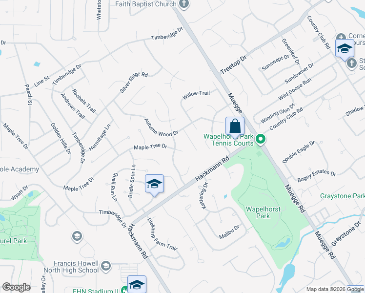 map of restaurants, bars, coffee shops, grocery stores, and more near 2636 Maple Tree Drive in Saint Charles