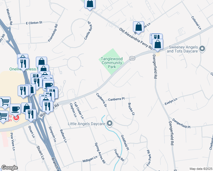 map of restaurants, bars, coffee shops, grocery stores, and more near 8504 Woodyard Road in Clinton