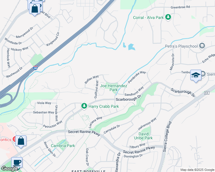map of restaurants, bars, coffee shops, grocery stores, and more near 6901 Ballantrae Way in Rocklin