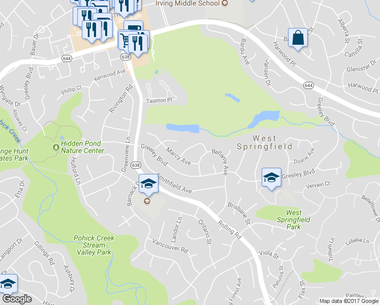 map of restaurants, bars, coffee shops, grocery stores, and more near 8115 Ashtonbirch Drive in West Springfield
