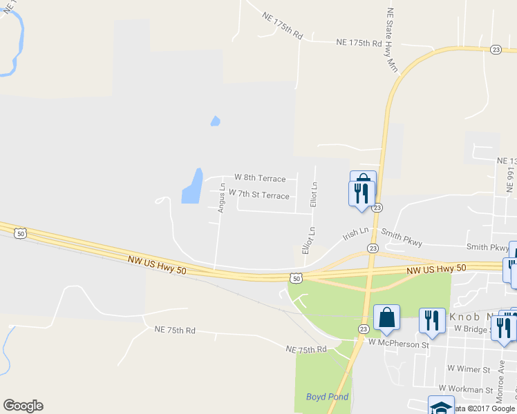 map of restaurants, bars, coffee shops, grocery stores, and more near 1602 West 6th Street Terrace in Knob Noster