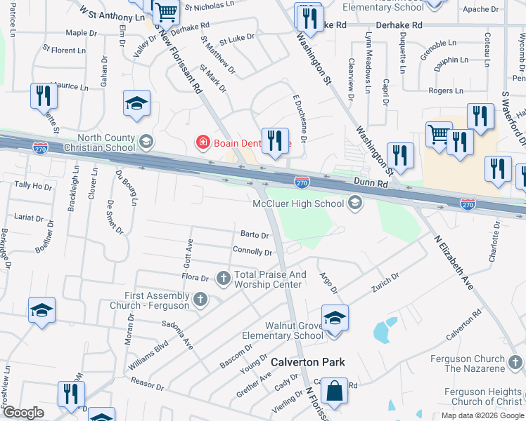 map of restaurants, bars, coffee shops, grocery stores, and more near 1811 South New Florissant Road in Florissant