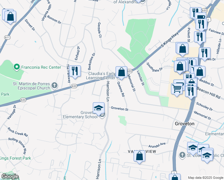 map of restaurants, bars, coffee shops, grocery stores, and more near 6709 Harrison Lane in Alexandria