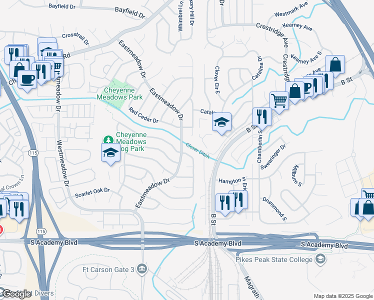 map of restaurants, bars, coffee shops, grocery stores, and more near 1512 Canoe Creek Drive North in Colorado Springs