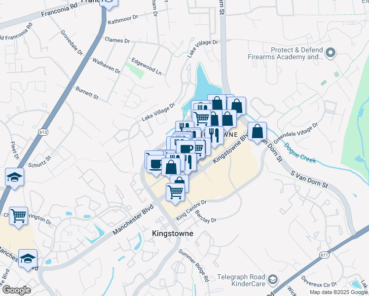 map of restaurants, bars, coffee shops, grocery stores, and more near Kingstowne Towne Center in Alexandria
