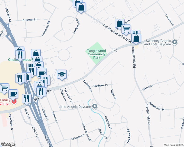 map of restaurants, bars, coffee shops, grocery stores, and more near 8504 Woodyard Road in Clinton