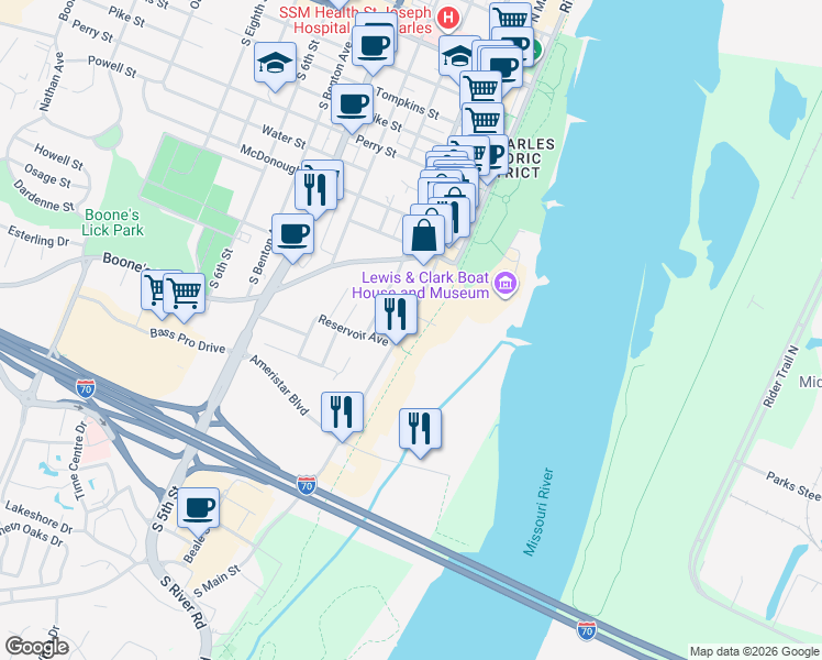 map of restaurants, bars, coffee shops, grocery stores, and more near 1190 South Main Street in Saint Charles