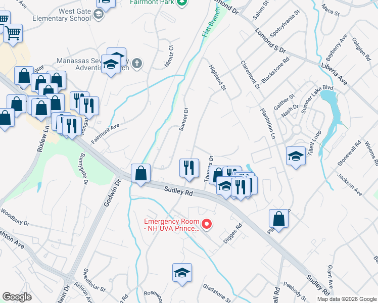 map of restaurants, bars, coffee shops, grocery stores, and more near 8502 Rolling Road in Manassas