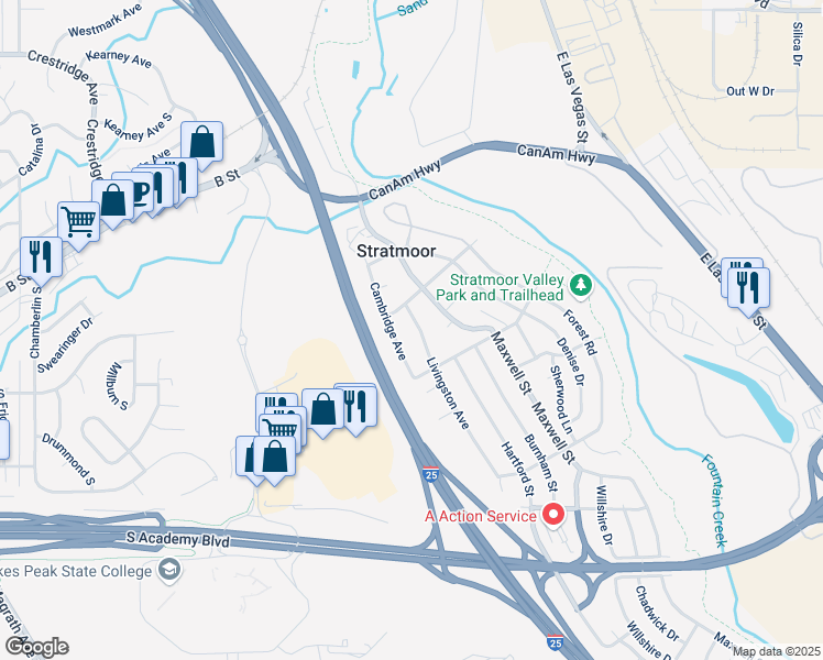 map of restaurants, bars, coffee shops, grocery stores, and more near 1112 Livingston Avenue in Colorado Springs