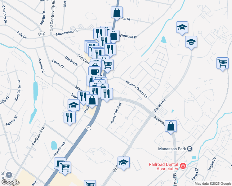 map of restaurants, bars, coffee shops, grocery stores, and more near 8523 Englewood Court in Manassas Park