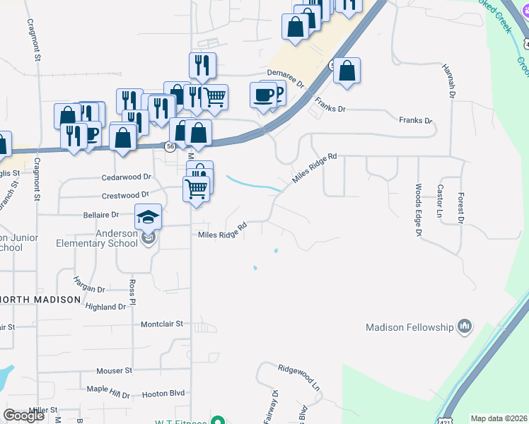 map of restaurants, bars, coffee shops, grocery stores, and more near 217 Miles Ridge Rd in Madison