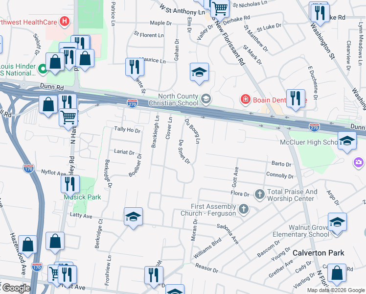 map of restaurants, bars, coffee shops, grocery stores, and more near 190 De Smet Drive in Florissant