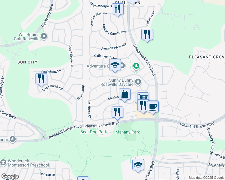 map of restaurants, bars, coffee shops, grocery stores, and more near 1638 Prentiss Drive in Roseville