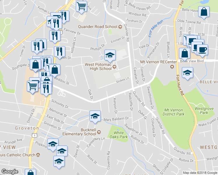 map of restaurants, bars, coffee shops, grocery stores, and more near 2401 Stokes Lane in Alexandria
