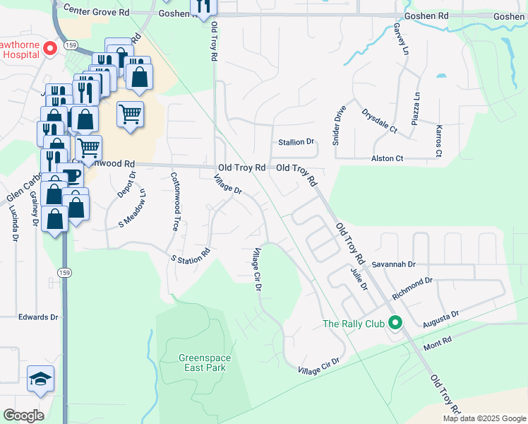 map of restaurants, bars, coffee shops, grocery stores, and more near 751 Village Drive in Glen Carbon