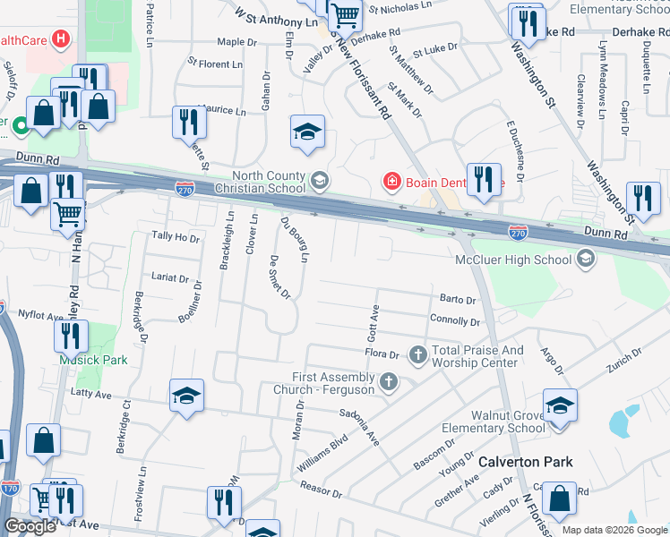 map of restaurants, bars, coffee shops, grocery stores, and more near 160 Chateau Drive in Florissant