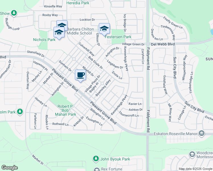 map of restaurants, bars, coffee shops, grocery stores, and more near 3161 Beamsley Alley in Roseville