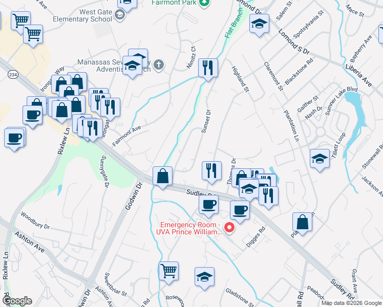 map of restaurants, bars, coffee shops, grocery stores, and more near 8410 Sunset Drive in Manassas