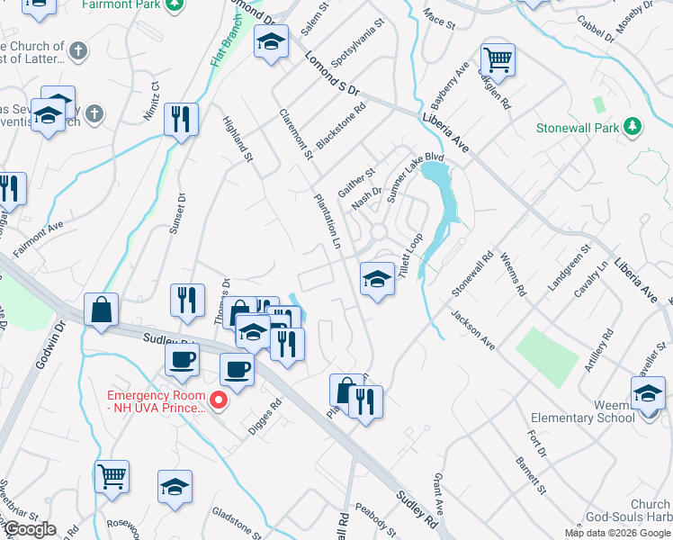 map of restaurants, bars, coffee shops, grocery stores, and more near 8409 Georgian Court in Manassas