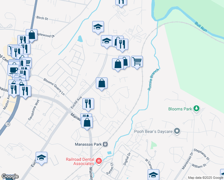 map of restaurants, bars, coffee shops, grocery stores, and more near 9104 Owens Drive in Manassas Park