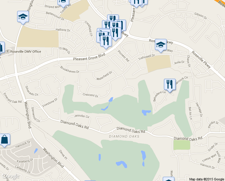map of restaurants, bars, coffee shops, grocery stores, and more near 408 Crescent Drive in Roseville