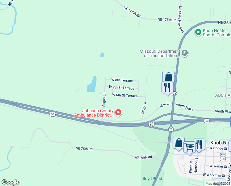 map of restaurants, bars, coffee shops, grocery stores, and more near 1602 West 6th Street Terrace in Knob Noster