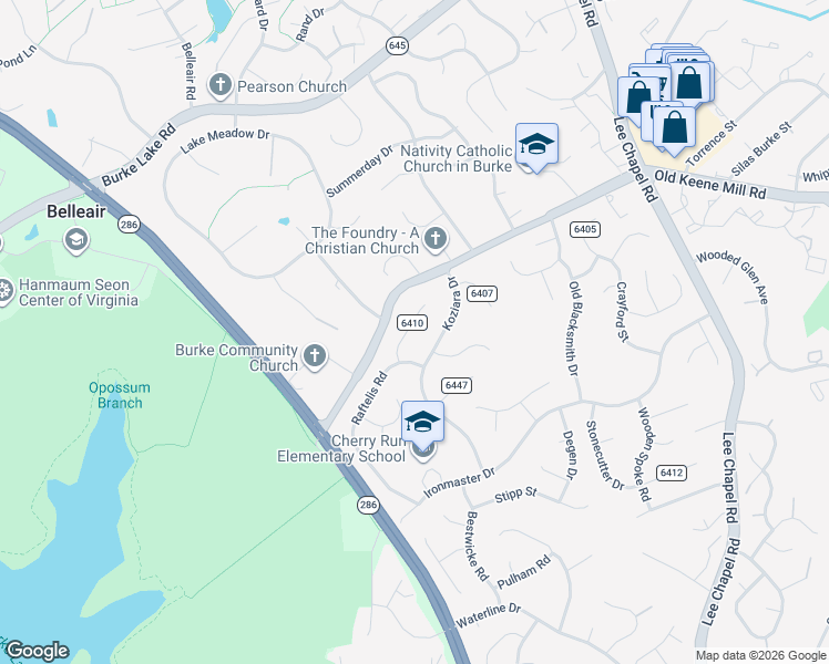 map of restaurants, bars, coffee shops, grocery stores, and more near 9713 Velilla Road in Burke