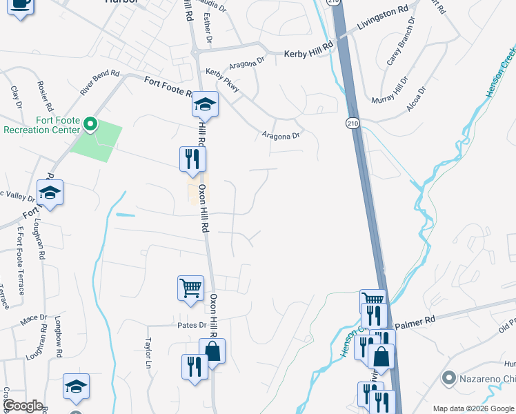 map of restaurants, bars, coffee shops, grocery stores, and more near 311 Potomac Ridge Drive in Fort Washington